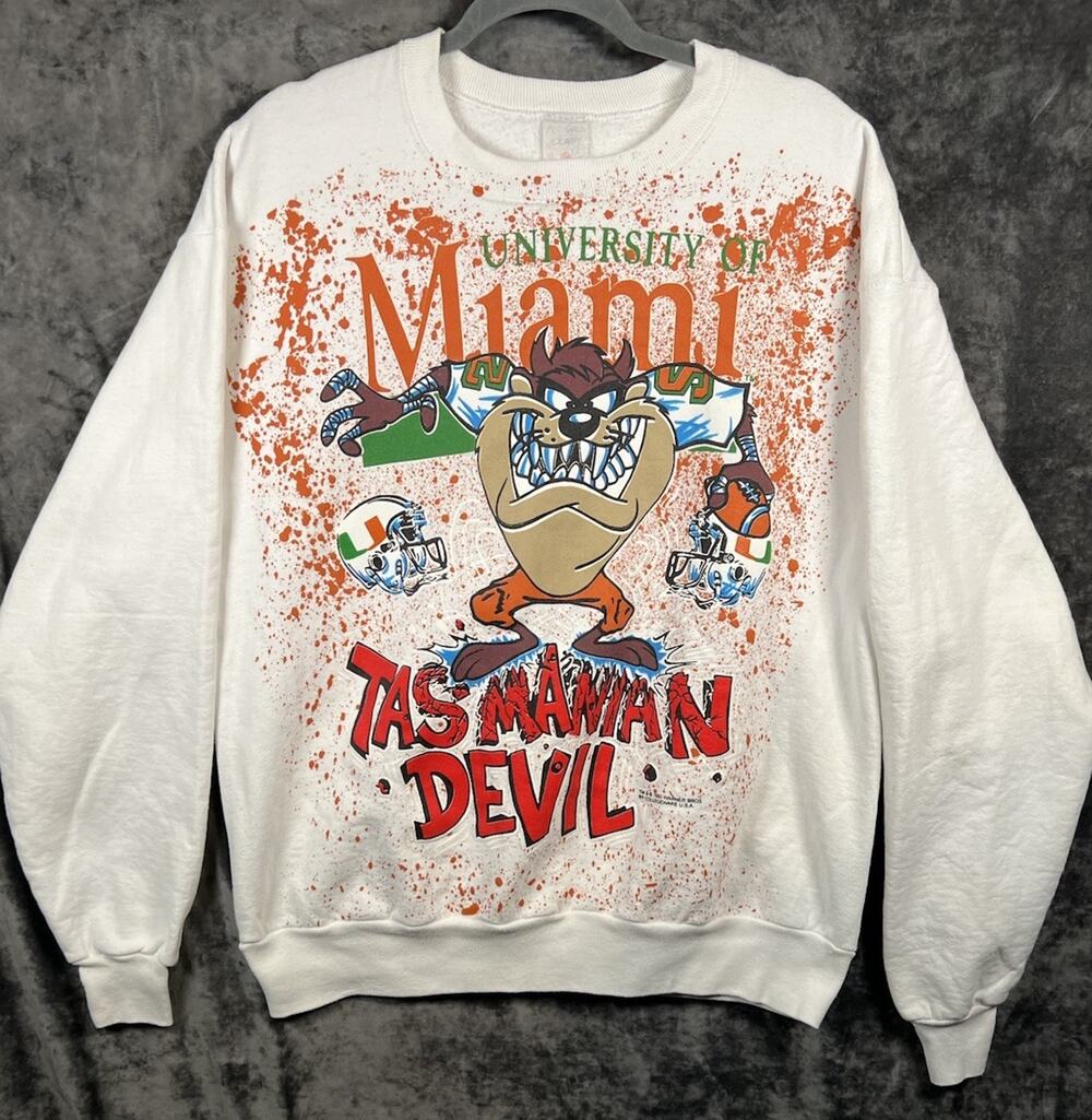 Vintage 1993 Taz University of Miami Sweatshirt Mens XL Warner Bros Looney Tunes